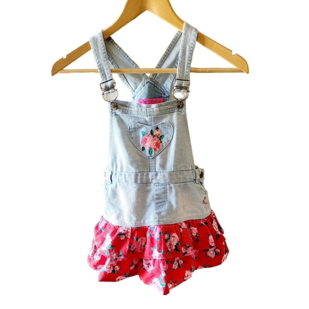 Betsy Johnson Denim and Floral Overall Jumper Dress Girls Size 6X